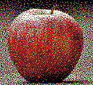 A low resolution image of a red, ripe apple that has had dithering applied to it